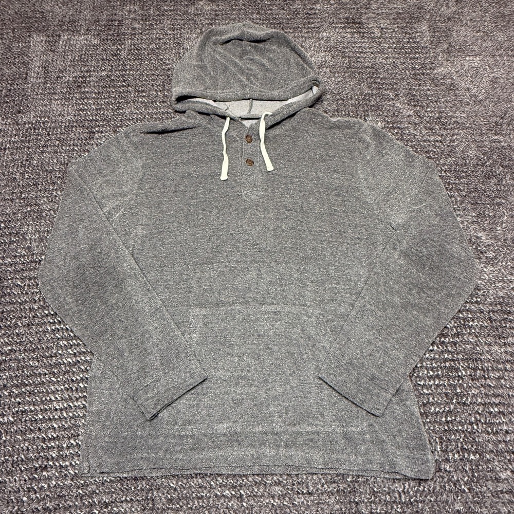 Marine Layer Mens Hoodie L Heather Gray Henley Button Drawstring Pullover‎